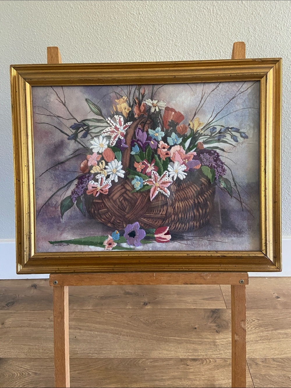 Vintage Framed Hand Embroidered Crewel Floral Basket Art Signed 20x16